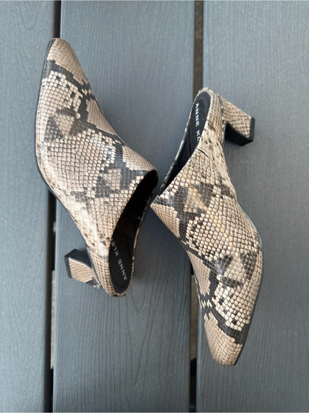 Anne Klein AKSABRINE Shoes Womens Size 7.5 Brown Snake Print Mule Block Heels